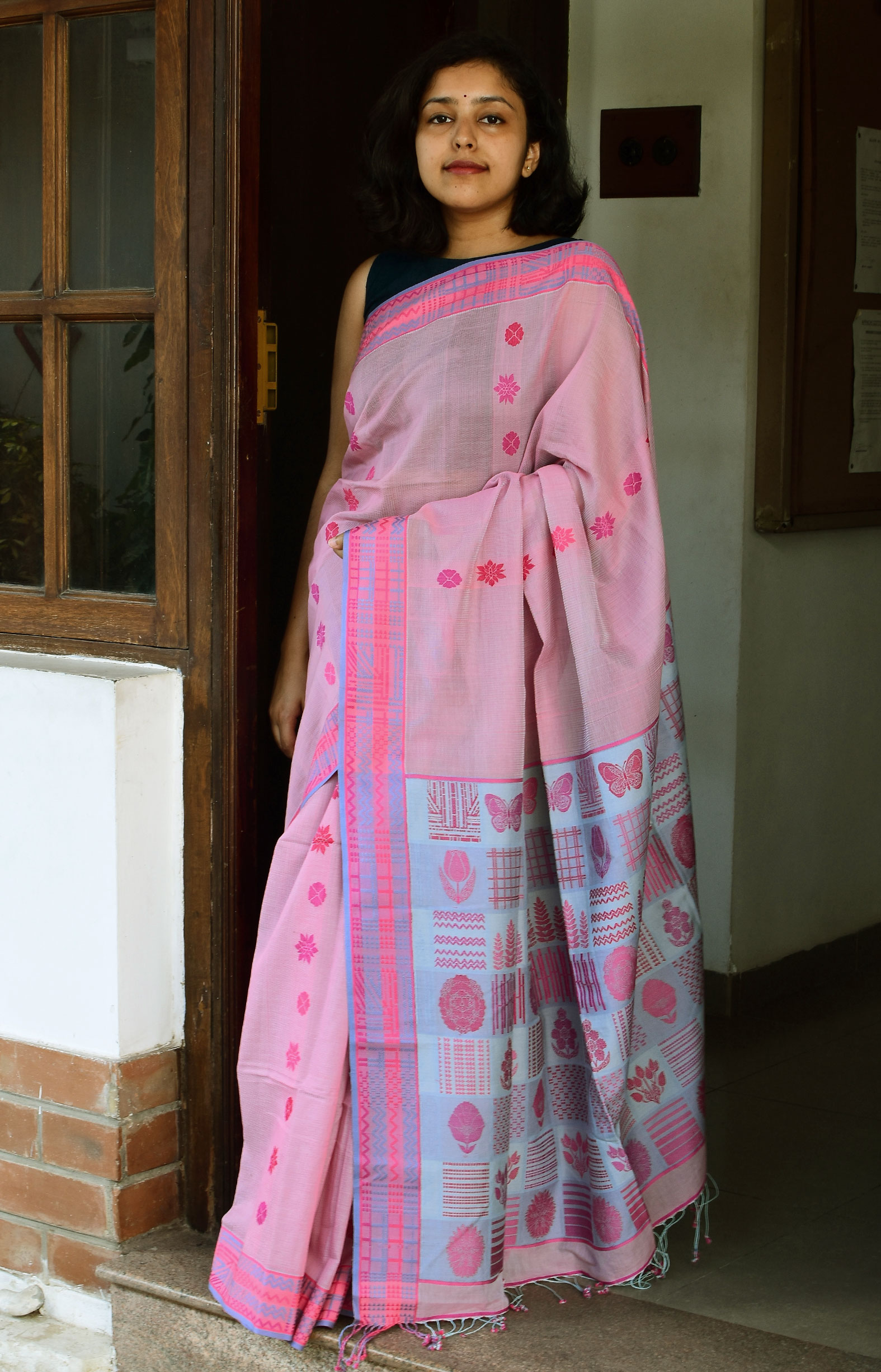  Greyish Pink, Handwoven Organic Cotton, Textured weave , Work wear, Saree